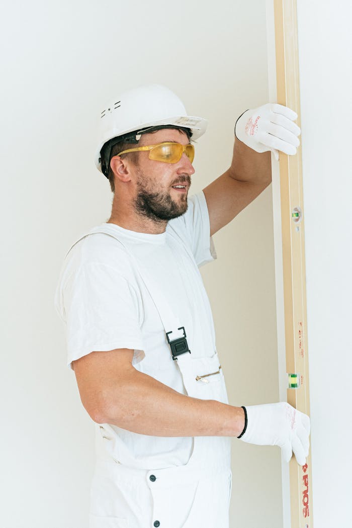 Carpenter in safety gear using a level bar indoors for precise construction work.